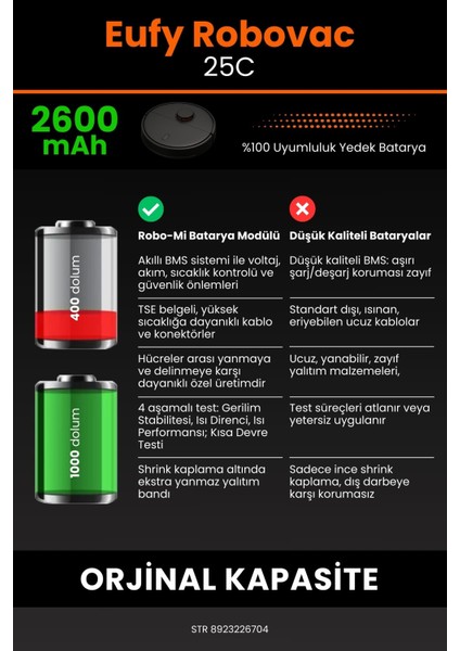 Robo- Mi Eufy 25C 2600MAH Robot Süpürge Bataryası - Gerçek Kapasite, Maksimum Güvenlik