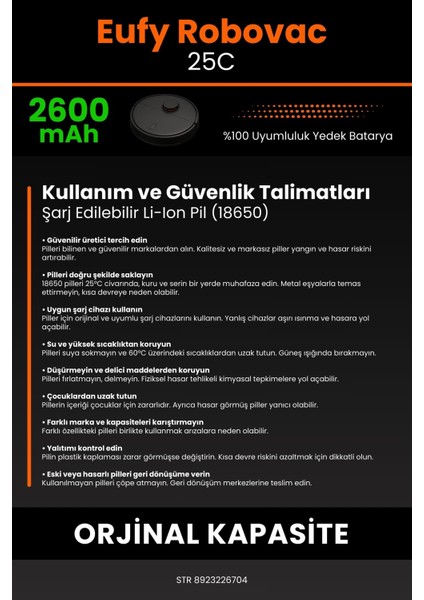 Robo- Mi Eufy 25C 2600MAH Robot Süpürge Bataryası - Gerçek Kapasite, Maksimum Güvenlik