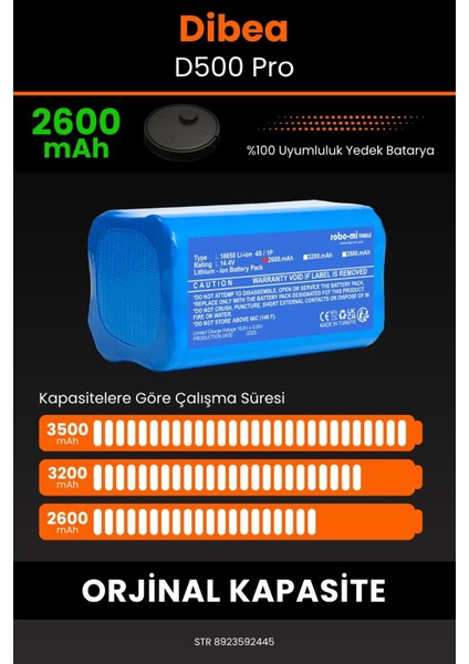 Robo- Mi Dibea D500 Pro 2600MAH Robot Süpürge Bataryası - Sertifikalı Güvenlik, Gerçek Kapasite fırsatları