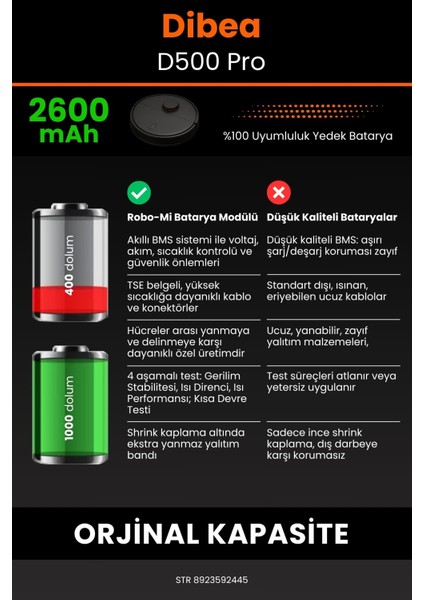 Robo- Mi Dibea D500 Pro 2600MAH Robot Süpürge Bataryası - Sertifikalı Güvenlik, Gerçek Kapasite