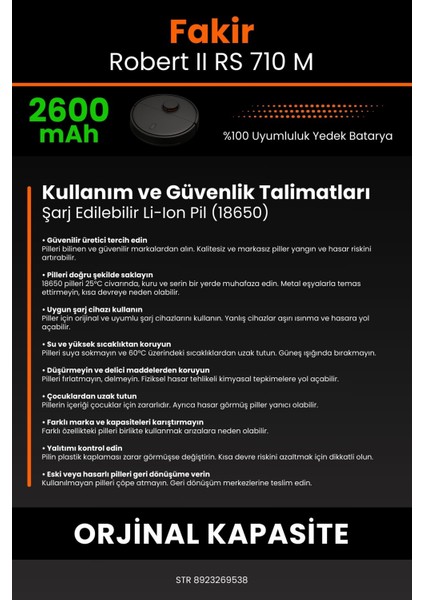 Robo- Mi Fakir Robert Iı Rs 710 M 2600MAH Robot Süpürge Bataryası - Gerçek Kapasite, Maksimum Güvenlik