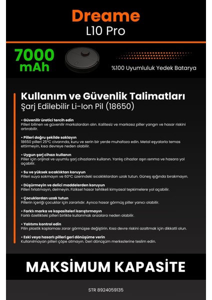 Robo- Mi Dreame L10 Pro 7000MAH Robot Süpürge Bataryası - Sertifikalı Güvenlik, Gerçek Kapasite