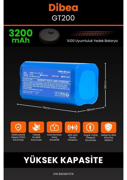 Robo- Mi Dibea GT200 3200MAH Robot Süpürge Bataryası - Yüksek Yoğunluklu Li- Ion Hücre fiyatları