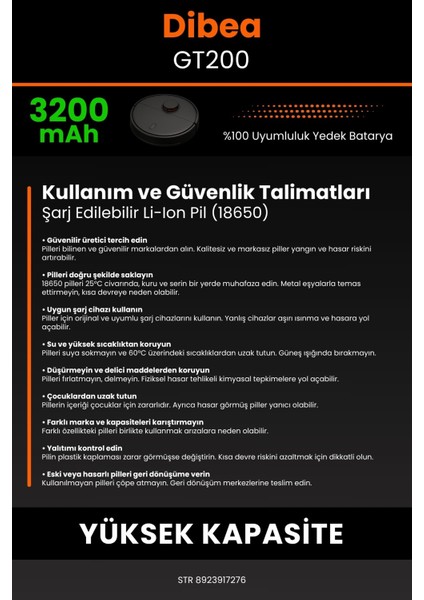 Robo- Mi Dibea GT200 3200MAH Robot Süpürge Bataryası - Yüksek Yoğunluklu Li- Ion Hücre