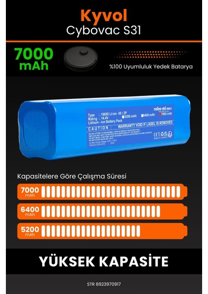 Robo- Mi Kyvol Cybovac S31 7000MAH Robot Süpürge Bataryası - Sertifikalı Güvenlik, Gerçek Kapasite fırsatları