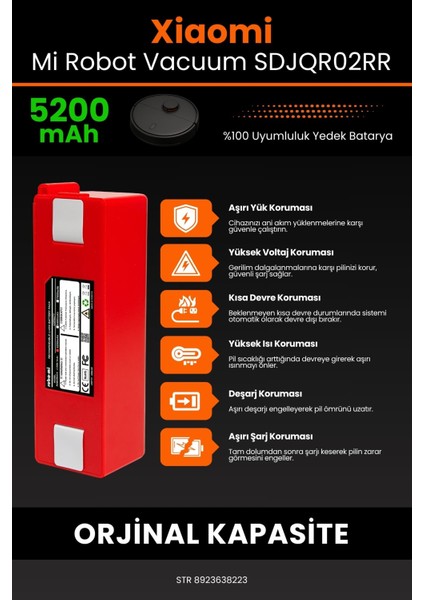 Robo- Mi Xiaomi Mi Robot Vacuum SDJQR02RR 5200MAH Robot Süpürge Bataryası - Sertifikalı Güvenlik indirimleri