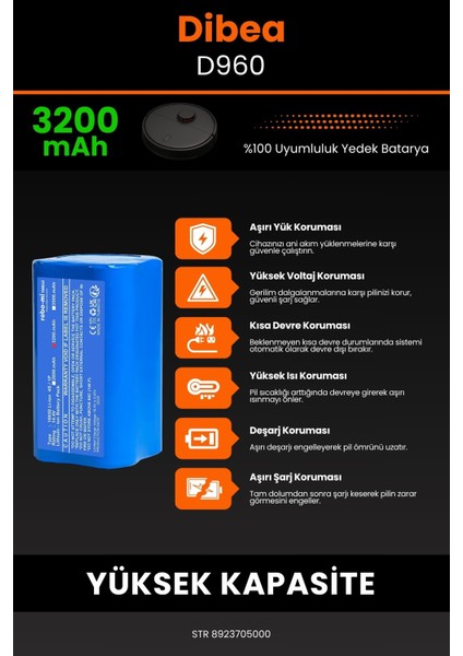 Robo- Mi Dibea D960 3200MAH Robot Süpürge Bataryası - Sertifikalı Güvenlik, Gerçek Kapasite indirimleri