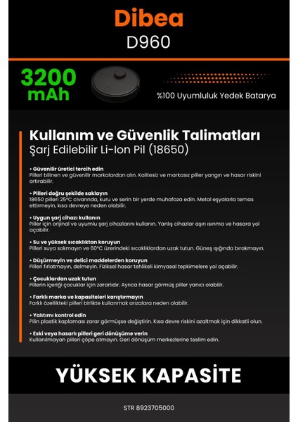 Robo- Mi Dibea D960 3200MAH Robot Süpürge Bataryası - Sertifikalı Güvenlik, Gerçek Kapasite