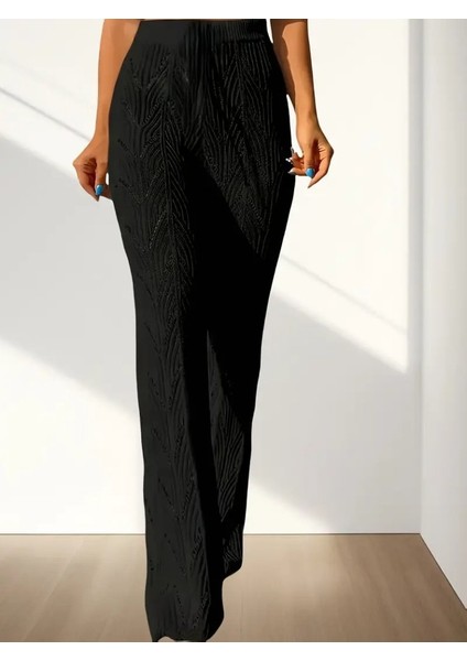 Kadın Yüksek Bel Bağcıklı Desenli Triko Plaj Pantolon