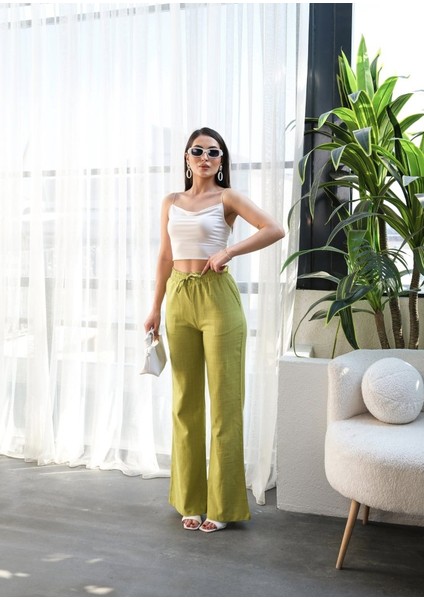 Beli̇ Lasti̇kli̇ ve Bağcikli Keten Pantolon