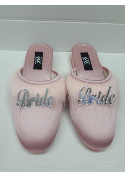Bride Gelin Topuksuz Kaz Tüyü Terlik Pudra-Gümüş Yazılı