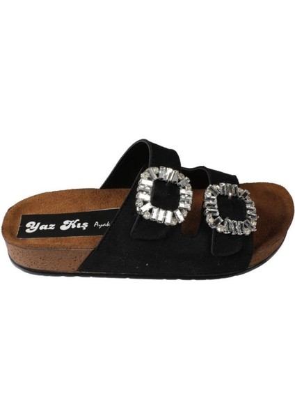 Yazkış Kadın Siyah Krem Çift Tokalı Tokası Parlak Taşlı Mantar Taban Terlik