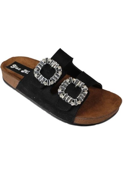 Yazkış Kadın Siyah Krem Çift Tokalı Tokası Parlak Taşlı Mantar Taban Terlik fiyatları