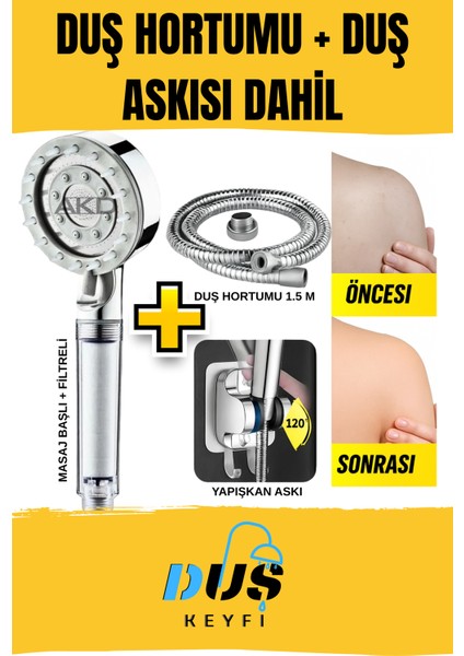 Masaj Başlıklı Filtreli Duş Başlığı + 1.5m Duş Hortumu + Yapışkan Duş Askısı Seti | Akd Marka - Duş Keyfi