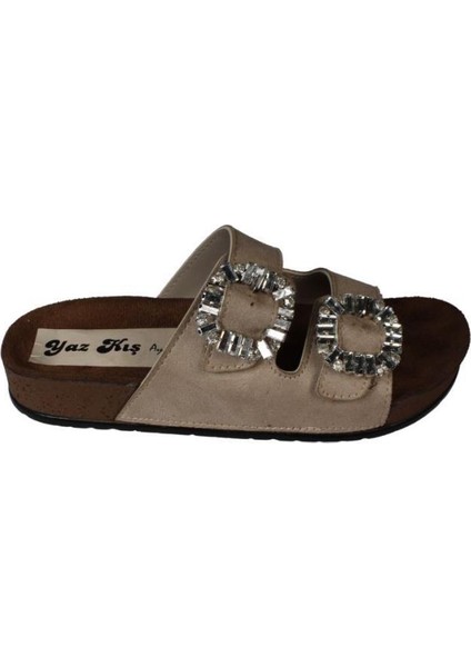 Yazkış Kadın Siyah Krem Çift Tokalı Tokası Parlak Taşlı Mantar Taban Terlik fiyatları