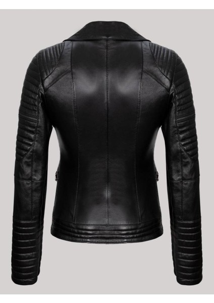 Hakiki Kuzu Derisi Siyah Kol ve Bel Fermuar Cepli Düz Çizgi Detaylı Kadın Deri Mont fiyatları