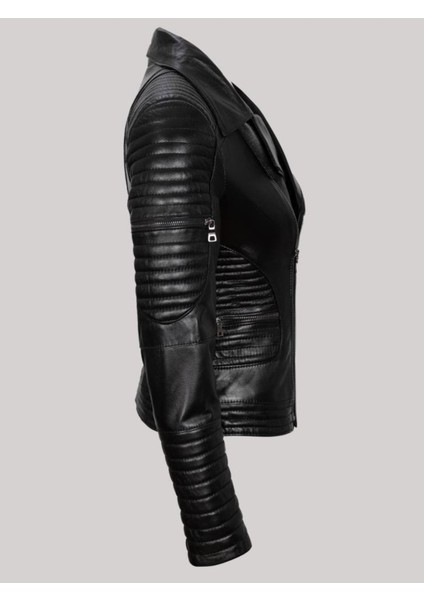 Hakiki Kuzu Derisi Siyah Kol ve Bel Fermuar Cepli Düz Çizgi Detaylı Kadın Deri Mont modelleri