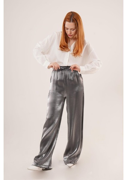 Parlak Görünümlü Cepli Antrasit Bol Paça Pantolon