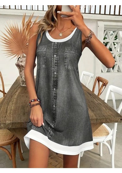 Kadın Askılı Yuvarlak Yakalı Kot Görünümlü Kısa Süprem Elbise 2xl-3xl-Gri