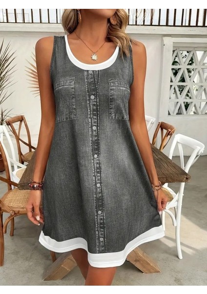 Kadın Askılı Yuvarlak Yakalı Kot Görünümlü Kısa Süprem Elbise 2xl-3xl-Gri fiyatları
