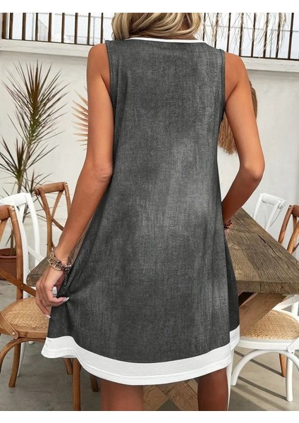 Kadın Askılı Yuvarlak Yakalı Kot Görünümlü Kısa Süprem Elbise 2xl-3xl-Gri fırsatları