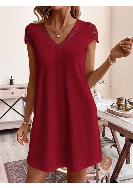 Kadın Kısa Kollu V Yakalı Viskon Elbise L-Xl-Bordo fiyatları