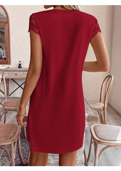 Kadın Kısa Kollu V Yakalı Viskon Elbise L-Xl-Bordo modelleri