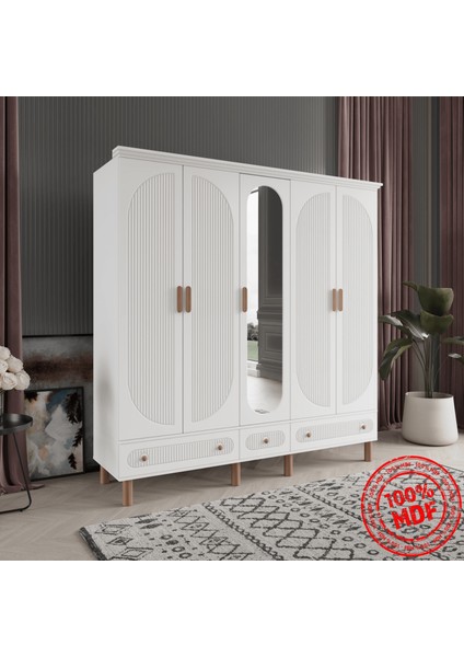 Soho 5 Kapaklı Beyaz Gardırop Tamamı Mdf