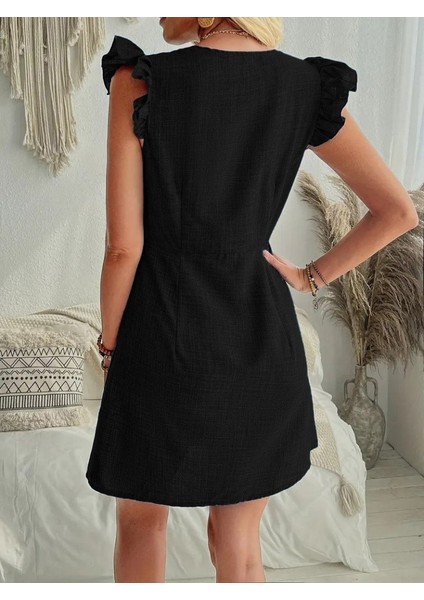 Kadın Fırfır Kollu V Yakalı Düğmeli Keten Elbise Mavi-2xl-3xl fırsatları