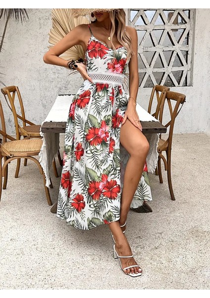 Kadın Ip Askılı V Yakalı Bel Güpür Çiçek Desenli Yandan Yırtmaçlı Maksi Süprem Elbise 2xl-3xl-Kırmızı modelleri