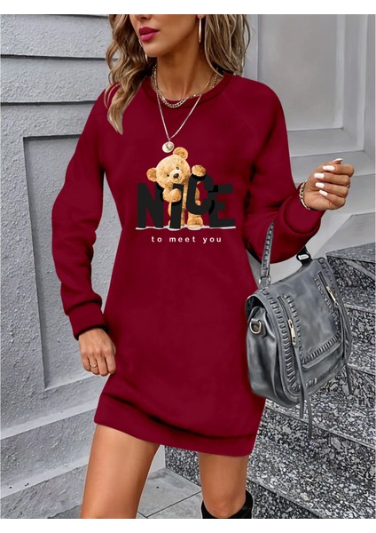 Kadın Uzun Kollu Bisiklet Yaka Ayı Desenli Viskon Iki Iplik Elbise 2xl-3xl-Bordo