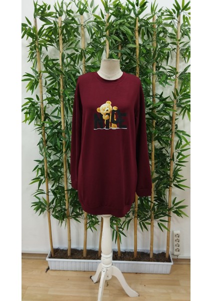 Kadın Uzun Kollu Bisiklet Yaka Ayı Desenli Viskon Iki Iplik Elbise 2xl-3xl-Bordo fırsatları