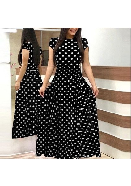 Kadın Kısa Kollu Bisiklet Yaka Puantiyeli Maksi Örme Krep Elbise Siyah-4xl-5xl