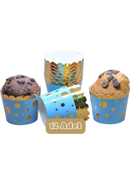 Metalik Mavi Üzeri Altın Puanlı Cupcake Muffin Kalıbı