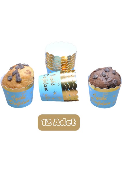 Metalik Mavi Üzeri Altın Iyiki Doğdun Temalı Cupcake Muffin Kalıbı