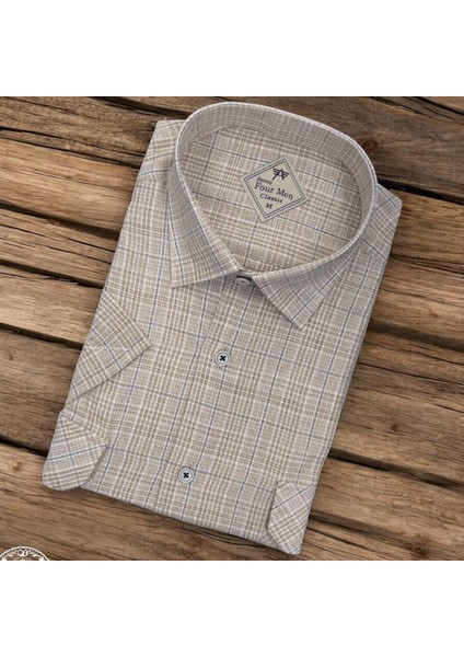 Linen Keten Klasik Kısa Kollu Iki Cepli Kapaklı Krem Baba Gömleği (Regular Kalıp)