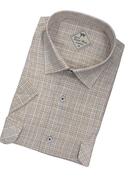 Linen Keten Klasik Kısa Kollu Iki Cepli Kapaklı Krem Baba Gömleği (Regular Kalıp) fiyatları