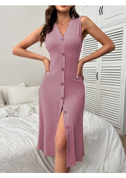Kadın V Yakalı Önden Düğmeli Kaşkorse Elbise Pembe-L-Xl