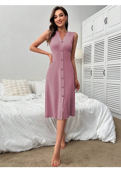 Kadın V Yakalı Önden Düğmeli Kaşkorse Elbise Pembe-L-Xl fırsatları
