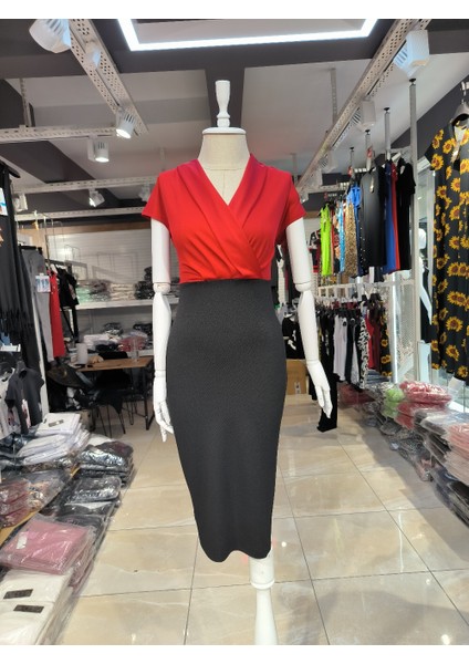 Kadın Kısa Kollu Kruvaze Yaka Krep Elbise (Kemersiz) 2xl-3xl-Kırmızı indirimleri