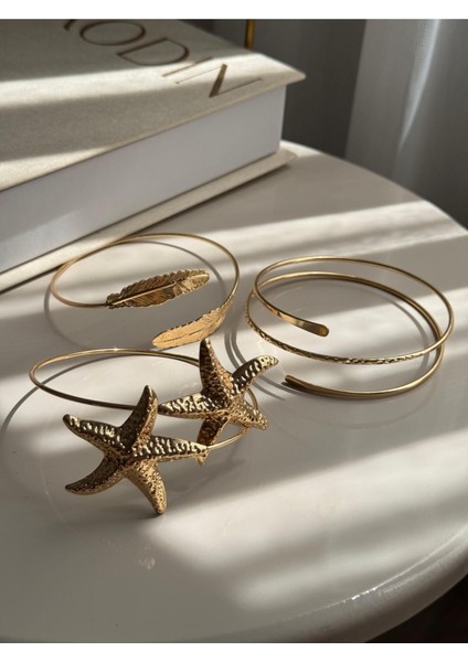 Deniz Yıldızı Figürlü Altın Kaplama Çelik Pazu Bilekliği – Ayarlanabilir Yazlık Kol Üstü Aksesuarı indirimleri