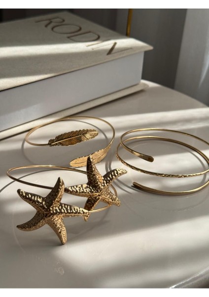 Deniz Yıldızı Figürlü Altın Kaplama Çelik Pazu Bilekliği – Ayarlanabilir Yazlık Kol Üstü Aksesuarı