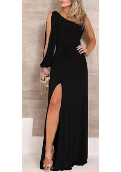 Tek Omuz Açık Derin Yırtmaçlı Krep Tam Boy Elbise 2xl-3xl-Siyah fiyatları