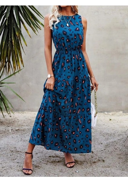 Kadın Kolsuz Bisiklet Yaka Beli Lastikli Desenli Süprem Elbise Mavi-2xl-3xl modelleri
