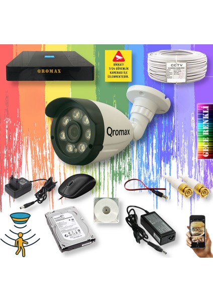 1 Kameralı Set - Gece Renkli Gösteren Hareket Algılayan 8 Warm Ledli 1080P Turbo HD Güvenlik Kamerası Seti 3908W-9004