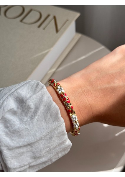 Kırmızı Çiçek Desenli Taşlı Altın Kaplama Kelepçe Bilezik – Zarif Kadın Takı fırsatları