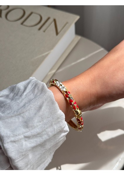 Kırmızı Çiçek Desenli Taşlı Altın Kaplama Kelepçe Bilezik – Zarif Kadın Takı indirimleri