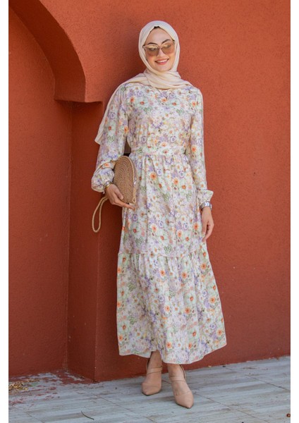 Lidy Çiçekli Desen Yazlık Elbise-Turuncu