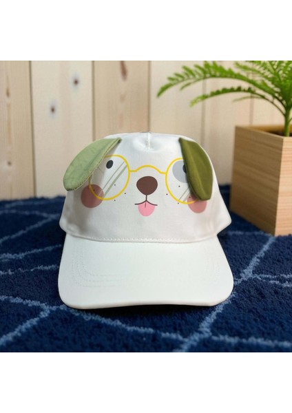 1/3 Yaş Gözlüklü Köpekli Erkek Çocuk Kep (48-50 Cm) Beyaz