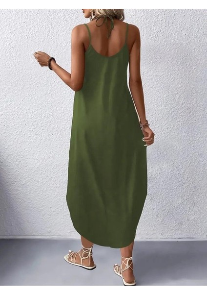 Kadın Askılı V Yakalı Uzun Viskon Elbise 2xl-3xl-Yeşil fiyatları